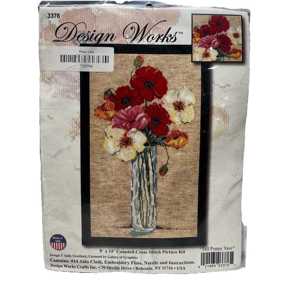 New DESIGN WORKS COUNTED CROSS STITCH PICTURE KIT Tall Poppies Vase 9"X 15" 3376